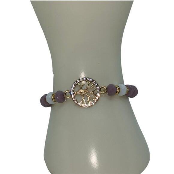 Purple & White Beaded Gold-Tone Tree of Life Pendant Rhinestone Stretch Bracelet - Picture 1 of 8